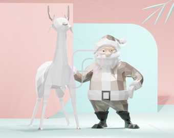 Pode incluir: Uma rena poligonal branca está ao lado de um Papai Noel poligonal marrom. Ambas as figuras são em estilo 3D e têm um tema natalino festivo.
