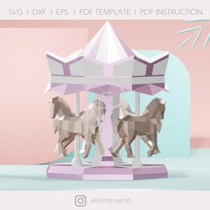 Carousel with horses papercraft,2 designs  3d sculpture,3D low poly modern paper art model statue decor