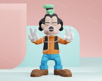 May include: A 3D papercraft model of a cartoon character, Mickey Mouse, with a green hat, orange shirt, blue pants, and white gloves. The character is standing with both hands raised in a peace sign. The background is a light pink and blue.