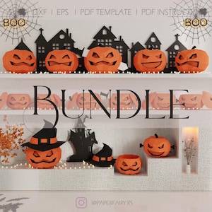 Papercraft Halloween Pumpkin Bundle, 14 Low Poly Templates, DIY Decor Craft, 7 Pumpkins, 7 Gift Boxes, svg, dxf, eps, pdf, Instructions