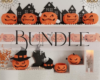 Papercraft Halloween Pumpkin Bundle, 14 Low Poly Templates, DIY Decor Craft, 7 Pumpkins, 7 Gift Boxes, svg, dxf, eps, pdf, Instructions