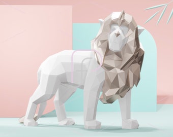 Low poly Lion 3d Sculpture en papier, Papercraft Lion, modèle en papier 3D, décor de statue d’art moderne avec des formes de sculpture géométrique à facettes