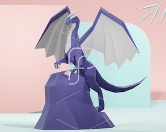 May include: A purple papercraft dragon with white wings standing on a purple rock. The dragon is posed with its wings spread and its head turned to the side. The background is a light blue and pink gradient.