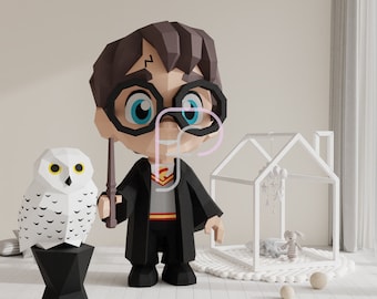 Wizard Boy 3D Papercraft PDF, SVG, dxf, eps Template - DIY Low Poly Paper Model with Owl, Origami Sculpture for Room Decor, Printable Craft