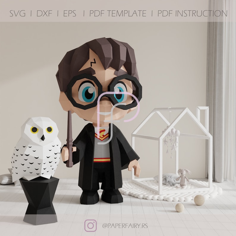 Low poly papercraft template featuring a 3D wizard character with glasses, a lightning bolt scar, holding a wand beside a snowy owl. Digital download includes SVG, DXF, EPS, PDF templates, and instructions for DIY paper crafting.