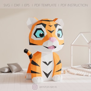 Low Poly Cartoon Baby Tiger 3D Papierskulptur, Tiger 3D Papiermodell