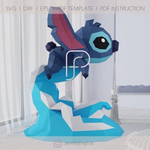 Cartoon Character Papercraft, Low Poly Toy, Blue Alien Party Decor, Low Poly Papercraft, Paper Sculpture Template, 3D Origami Paper Model