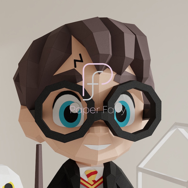 Close-up of low poly papercraft wizard character’s face, highlighting large blue eyes, round black glasses, and a lightning bolt scar. Part of a DIY papercraft template with digital download files for easy assembly.