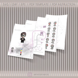 Preview of printable PDF papercraft templates and instructions for assembling the wizard character. Includes cut-and-fold guides, part numbers, and visual assembly steps for easy DIY crafting.