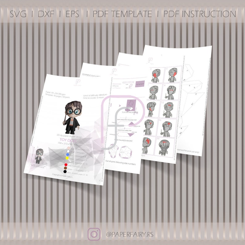 Preview of printable PDF papercraft templates and instructions for assembling the wizard character. Includes cut-and-fold guides, part numbers, and visual assembly steps for easy DIY crafting.