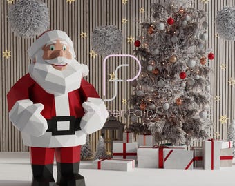 May include: A papercraft Santa Claus figure stands in front of a decorated Christmas tree with presents underneath. The tree is decorated with red and white ornaments, and the presents are wrapped in white paper with red ribbon.