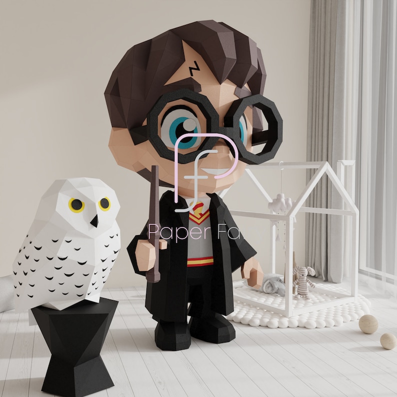 3D low poly papercraft model of a wizard boy in a black robe with a wand and snowy owl companion, displayed in a minimalistic nursery. Includes SVG, DXF, EPS, and PDF templates for DIY paper crafting.