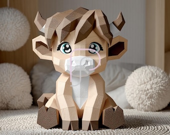 Adorable Baby Highland Cow Papercraft Template – 3D Low Poly Farm Animal for Nursery or Kids Room Decor | PDF SVG Cricut DIY Paper Model