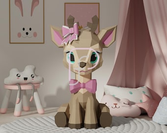 3D Reindeer Papercraft Template, Sitting Deer PDF SVG, Low Poly Fawn, Nursery Decor, Girl Room, Bow Paper Craft DIY, Cricut & Silhouette Kit