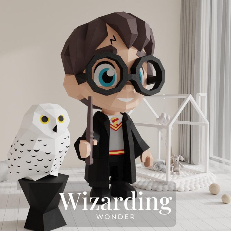 Low poly papercraft wizard model with snowy owl companion in a nursery setting, labeled 'Wizarding Wonder.' DIY paper craft project with digital download templates for easy assembly.