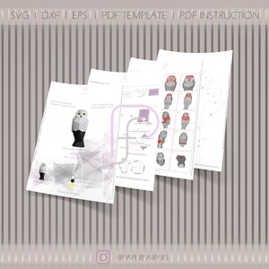 PDF template preview for a 3D low poly snowy owl papercraft design. Includes cutting guides, numbered parts, and step-by-step instructions for DIY assembly with digital download files.