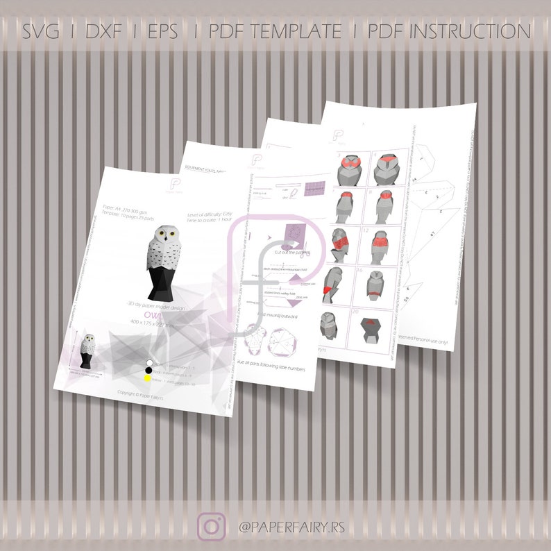 PDF template preview for a 3D low poly snowy owl papercraft design. Includes cutting guides, numbered parts, and step-by-step instructions for DIY assembly with digital download files.
