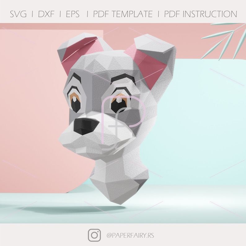 May include: A 3D papercraft model of a white dog with pink ears. The dog has a black nose and brown eyes. The model is in a light blue and pink background.