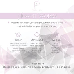 Instruction sheet from Paper Fairy explaining how to order, download, and assemble papercraft templates. Clear steps for digital downloads, emphasizing that no physical product will be shipped.
