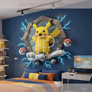 May include: A yellow Pikachu wall art piece with a 3D design, surrounded by blue lightning bolts and two red and white Poké Balls. The artwork is mounted on a dark blue wall, with the text "SVG | DXF | EPS | PDF TEMPLATE".