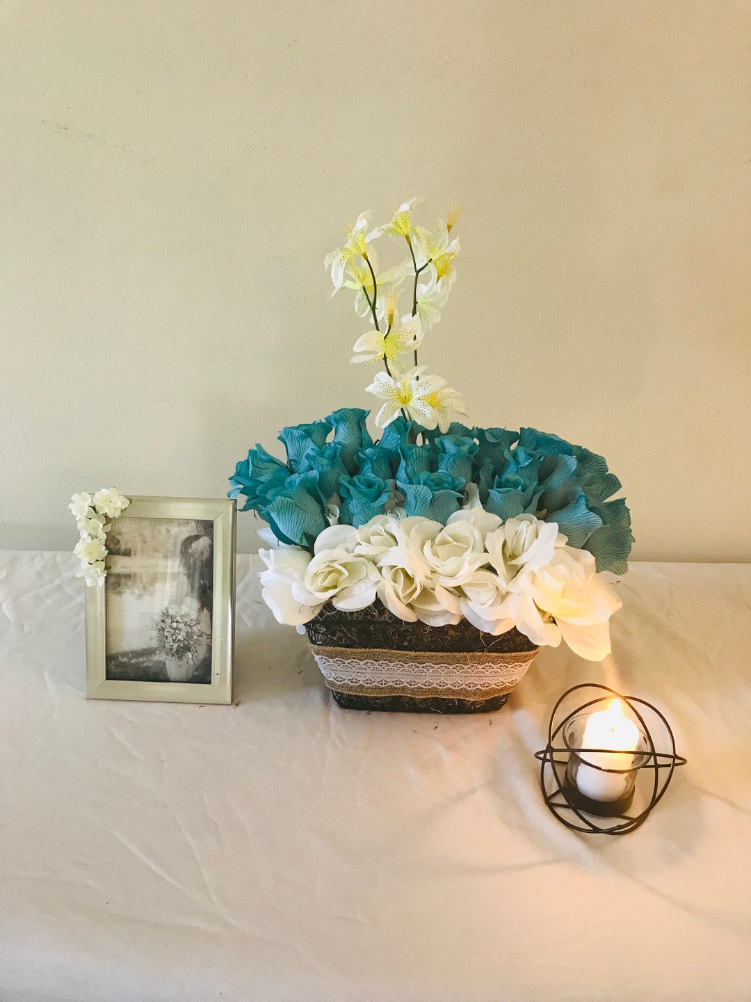 Vintage Centerpiece With Artificial Flower Photo Frame Etsy
