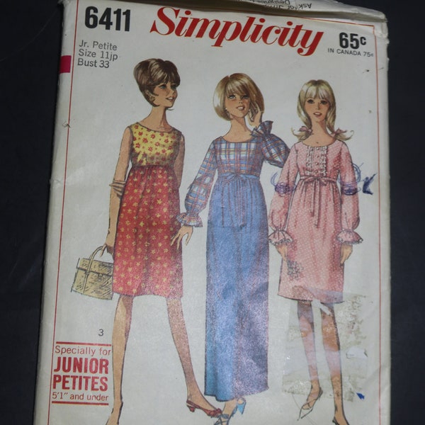 60s Simplicity 6411 Junior Petites One Piece Dress in Two Lengths Sewing Pattern UNCUT Size 11 jp 33