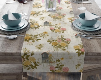 Camino de mesa estilo jardín rústico, decoración floral campestre, rosas vintage, boda de primavera/verano