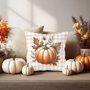 Reversible Pumpkin Pillow Cover: Farmhouse Fall Decor, Gingham Back (14x14&quot;)