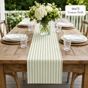 Sage Green Striped Table Runner, Outdoor Garden Dining Decor, Spring Summer Picnic Runner, Cotton Twill or Polyester, 16x72 16x90