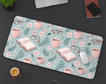 Book Lover Desk Mat | Pastel Blue, Coffee, and Floral Design