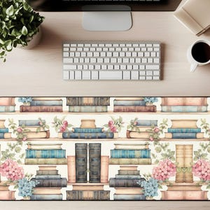 Decorative Desk Mat with Floral Accents, Vintage Book Lover Computer Mat, Cottagecore Aesthetic, Mouse Pad for Readers and Writers, Coquette