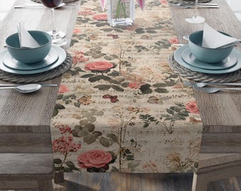 Vintage Rose Sheet Music Tischläufer, Schmetterling Garten Blumendekor