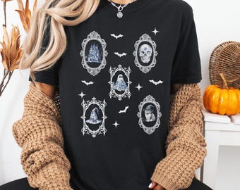 Gothic Toile Halloween T-Shirt: Blaues HexenGeist, verwunschenes Haus