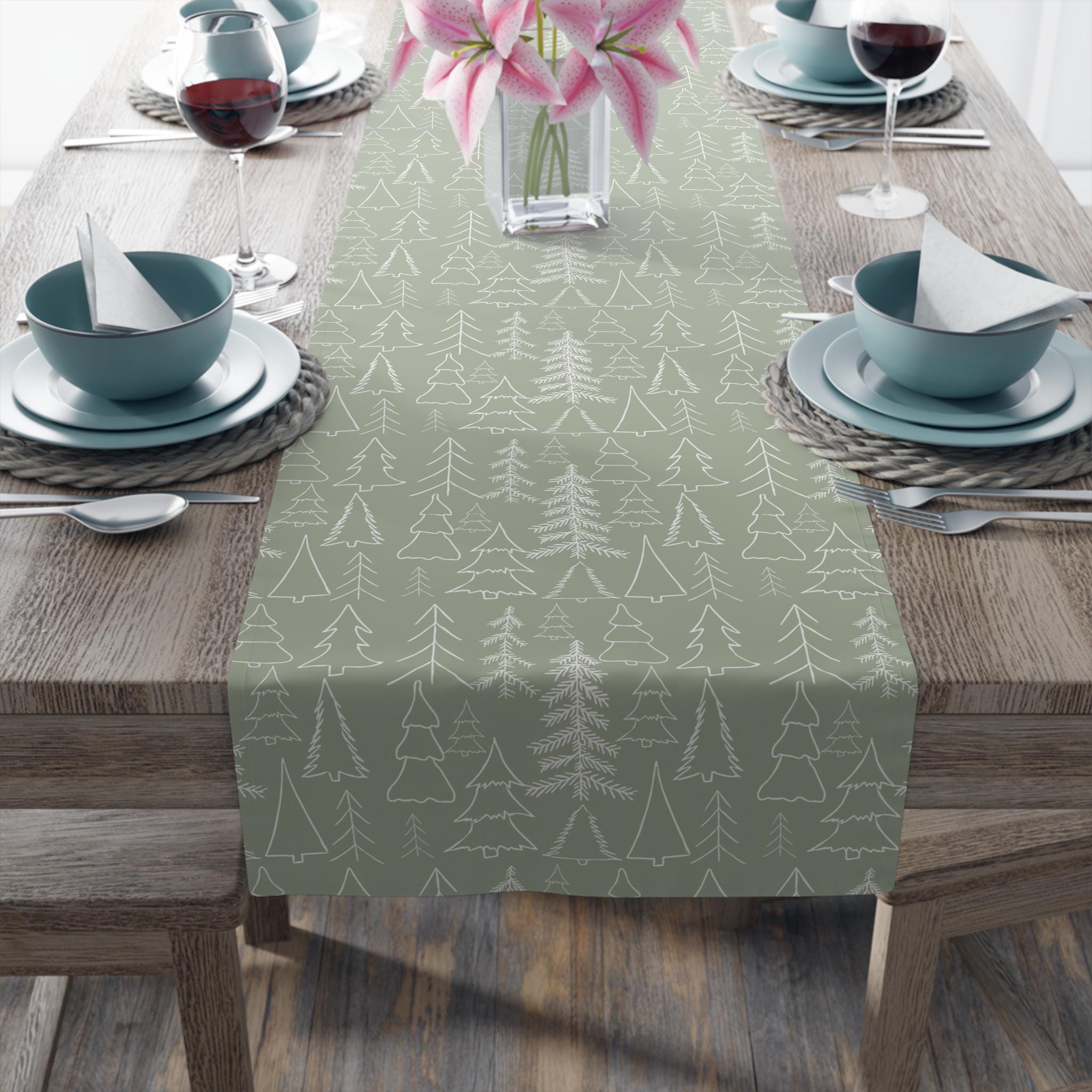35 Elegant Christmas Hallway and Entryway Decorations 13 Sage Green Pine Tree Table Runner Minimalist Christmas Decor