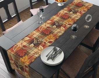 Autumn Plaid Table Runner: Fall Leaves, Rustic Harvest Decor