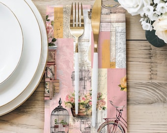 Parisian Floral Cotton Napkin, Shabby Chic Collage Table Decor, Cottagecore Linen