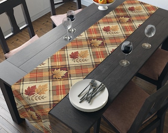 Autumn Plaid Table Runner: Fall Leaves, Rustic Harvest Decor
