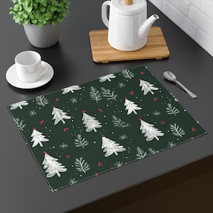 Mantel individual navideño de sarga de algodón, diseño botánico invernal de hoja perenne (18x14)