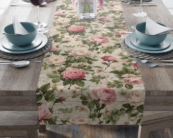 Camino de mesa de rosas vintage, diseño floral de jardín inglés, decoración de boda estilo cottagecore, lino shabby chic.