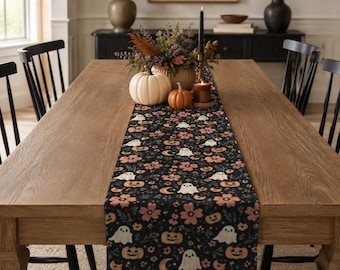Halloween-tafelloper met bloemen, tafeldecor zwart spook en pompoen