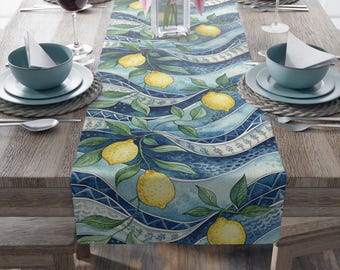 Caminho de mesa de limão, decoração de cozinha mediterrânea costeira, estampa de limão em tons de azul