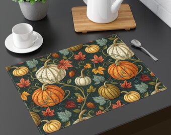 Mantel individual de calabaza: decoración de mesa de cosecha otoñal de sarga de algodón