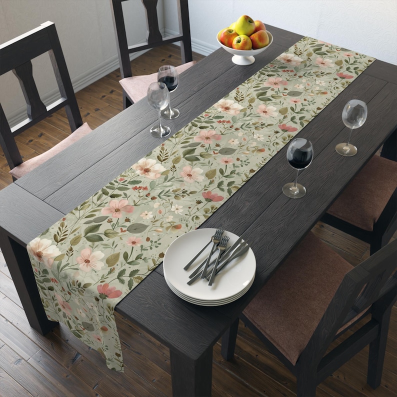 Sage Green Floral Table Runner | Blush Botanical Spring Decor, Wedding ...