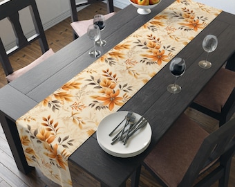 Caminho de mesa floral dourado de outono, estampa botânica em tons neutros e laranja, em poliéster, ideal para o Dia de Ação de Graças.
