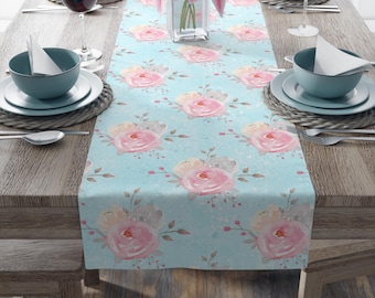 Pink Floral Table Runner: Watercolor Rose Polyester, Cottagecore Decor