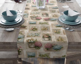 Vintage Botanical Table Runner, Floral Postcard Collage, Cottagecore Garden Decor, Spring Summer Linen