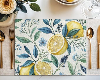 Watercolor Lemon Floral Placemats, Citrus Botanical Table Decor, Cotton Twill Summer Dining
