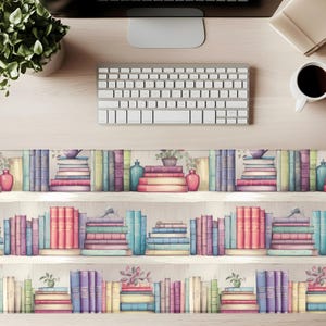 Bookshelf Desk Mat: Watercolor Books & Hydrangeas - Neoprene Computer Pad