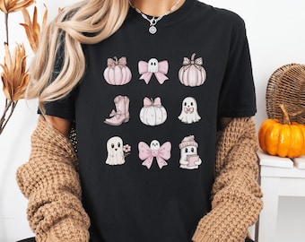 Comfort Colors Coquette Ghost T-Shirt: Pink Halloween Pumpkins & Bows
