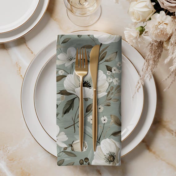 Blumenmuster-Servietten aus salbeigrüner Baumwolle mit Anemonen-Muster